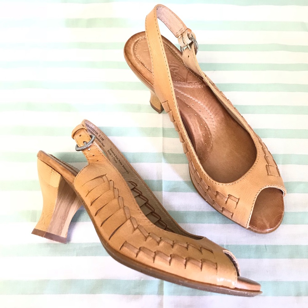 Naya Tan Leather Peep Toe Heels with Bamboo Wood